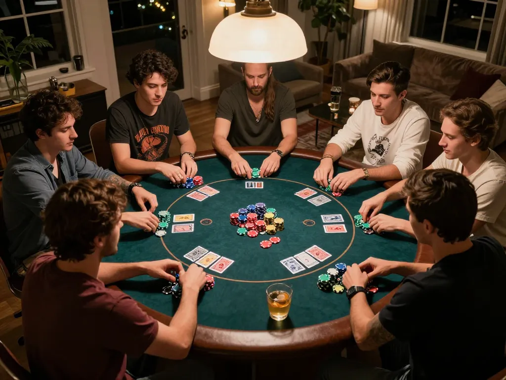 Friends enjoying a thrilling poker game night with colorful chips and intense focus showcasing Slot Gacor excitement