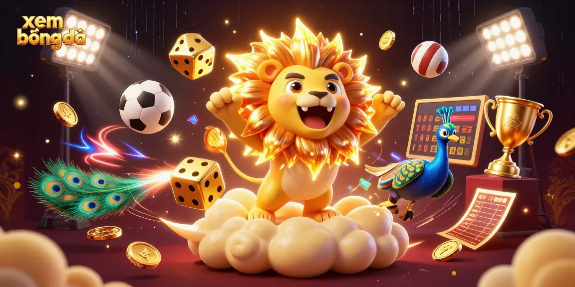 Xem bóng đá thrillingly with a roaring lion and vibrant sports elements illustrating high-stakes excitement