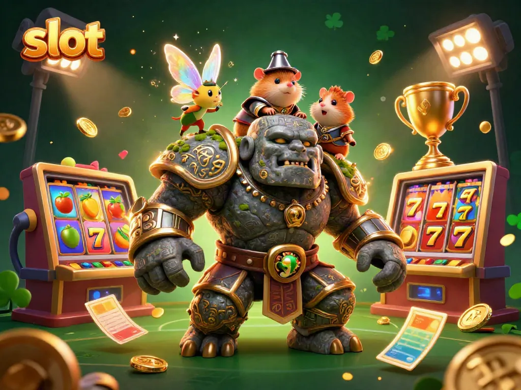 Experience the thrill of slots with this enchanting scene featuring a magic-casting fairy, a golem guardian, and a hamster knight.
