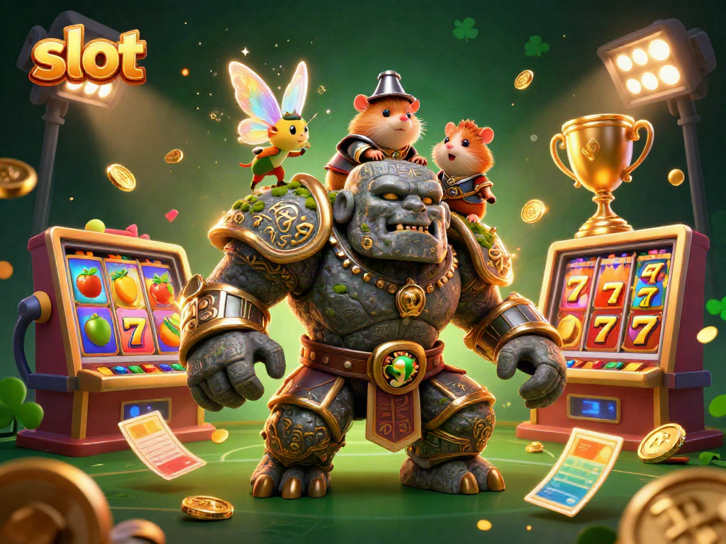 Experience the thrill of slots with this enchanting scene featuring a magic-casting fairy, a golem guardian, and a hamster knight.