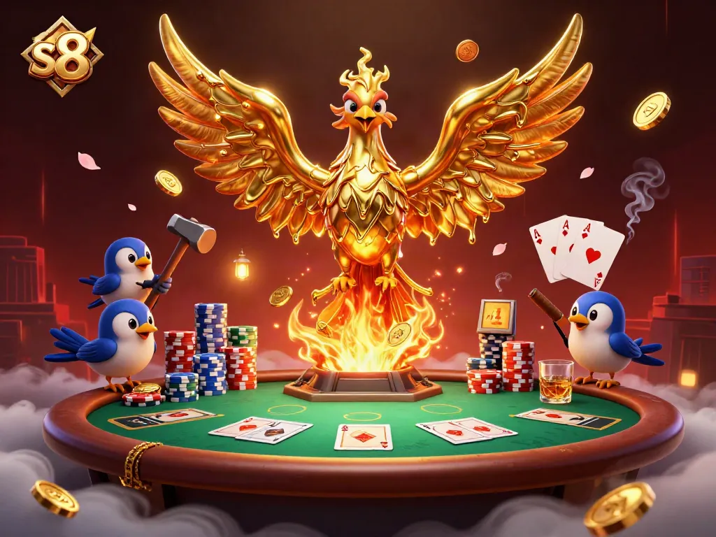 Spin and win with s8's golden phoenix soaring over a packed poker scene full of dynamic action.