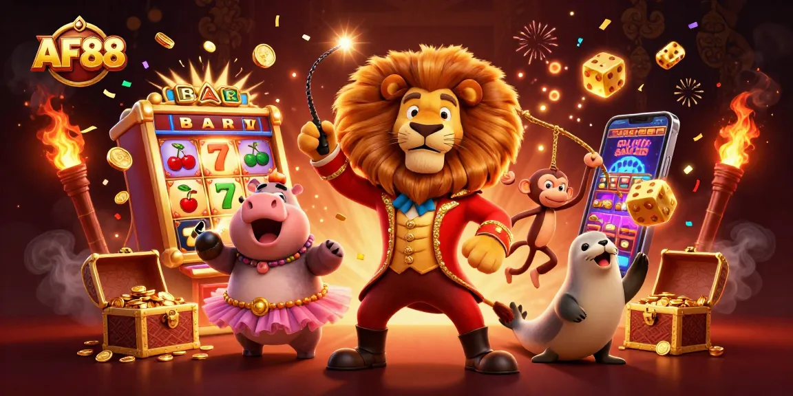 Experience winning with AF88 in this vibrant 3D casino scene featuring dynamic characters and games.