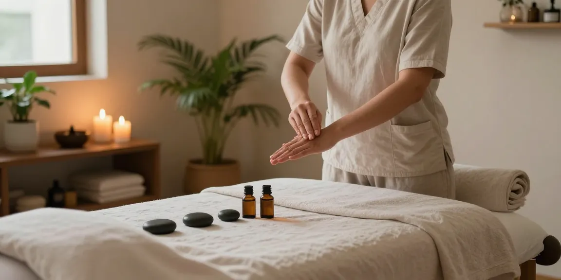 Experience a professional 분당출장마사지 in a tranquil wellness spa setting, with a skilled therapist preparing for a soothing session.