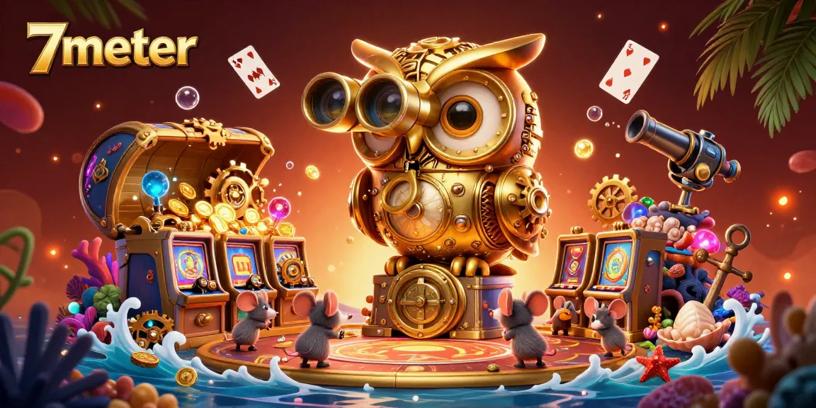Experience thrilling action at 7meter with a golden owl surveying a bustling casino atmosphere.