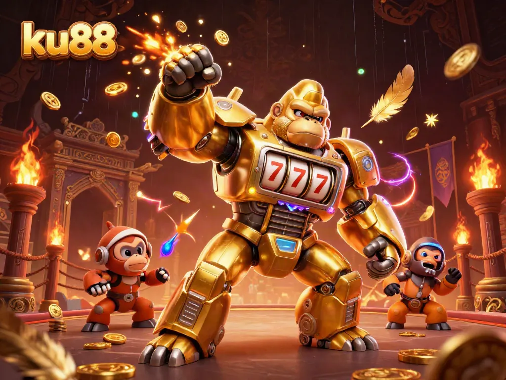 Experience thrilling jackpots with ku88's vibrant 3D illustration featuring a golden gorilla mech.