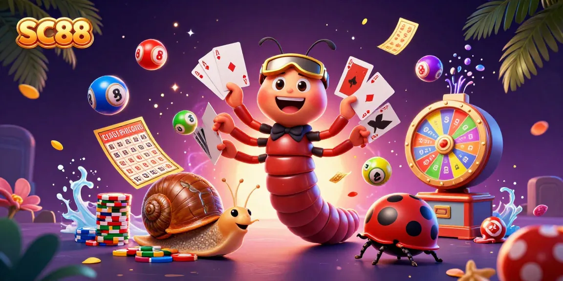 Engage in thrilling moments at SC88 with a 3D illustration depicting a cartoon millipede dealer and exciting game elements.