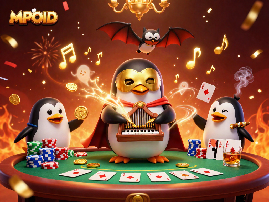 Win big with MPOID as the phantom penguin entertains at a vibrant poker scene!