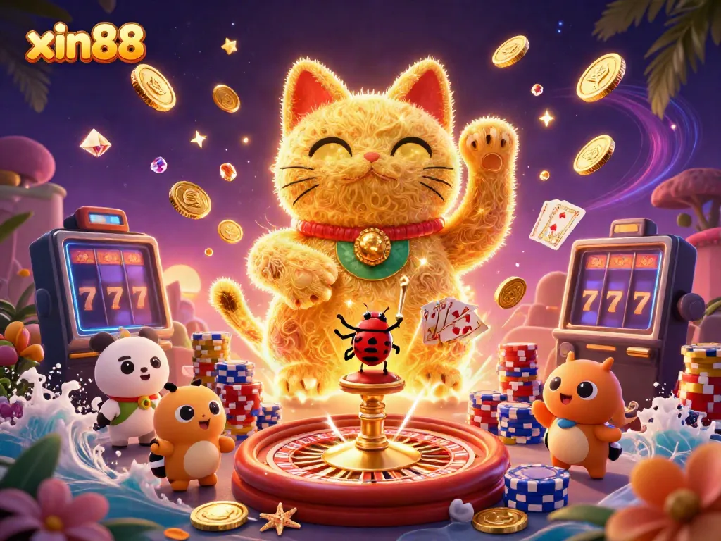 Experience excitement with xin88's vibrant casino theme featuring a giant lucky cat and dynamic game elements.