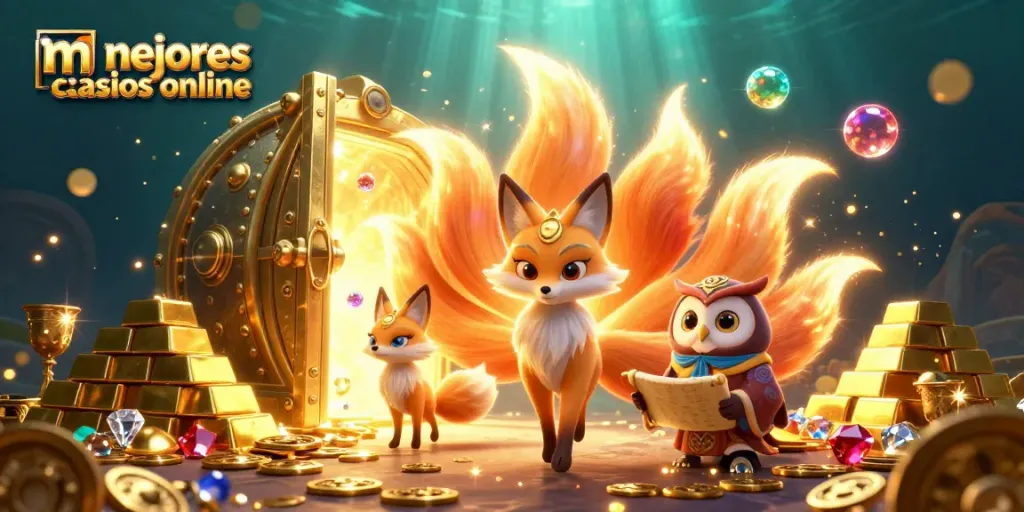 Explora los mejores casinos online a través de una animación mágica con símbolos de juego y oro