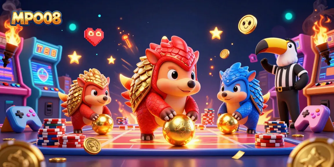 MPO08 pangolins compete in a colorful casino scene, winning golden chips with 3D game elements.