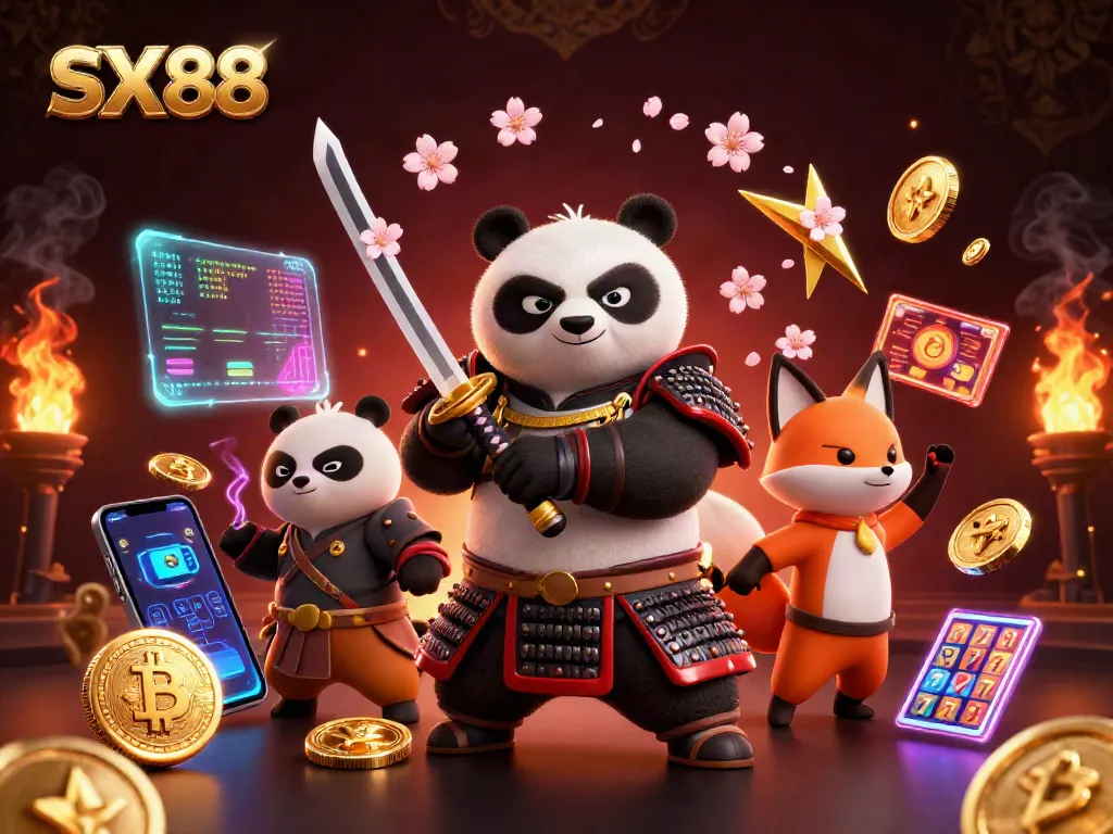 SX88 gaming scene featuring samurai panda and ninja fox amidst slot machines, golden coins, and vibrant gaming elements.