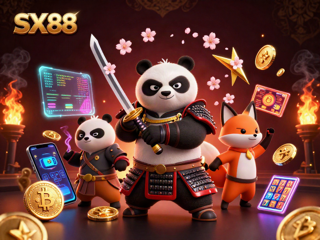 SX88 gaming scene featuring samurai panda and ninja fox amidst slot machines, golden coins, and vibrant gaming elements.