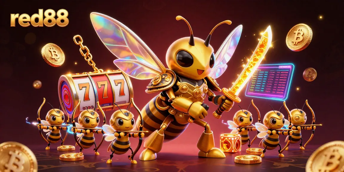 Engage with the vibrant red88 casino world featuring a samurai hornet amidst slot game elements.