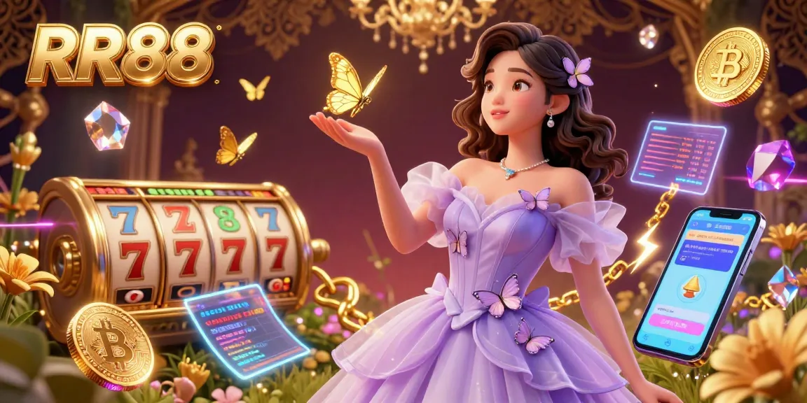 Experience RR88's vibrant casino atmosphere with a stunning woman in an ethereal gown amidst golden slot elements.