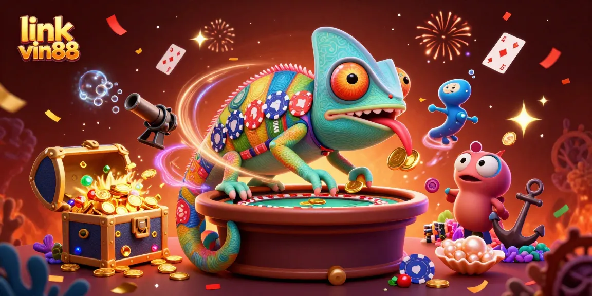 Engage with link vin88 as the colorful chameleon casino owner collects coins amidst a vibrant gaming world.