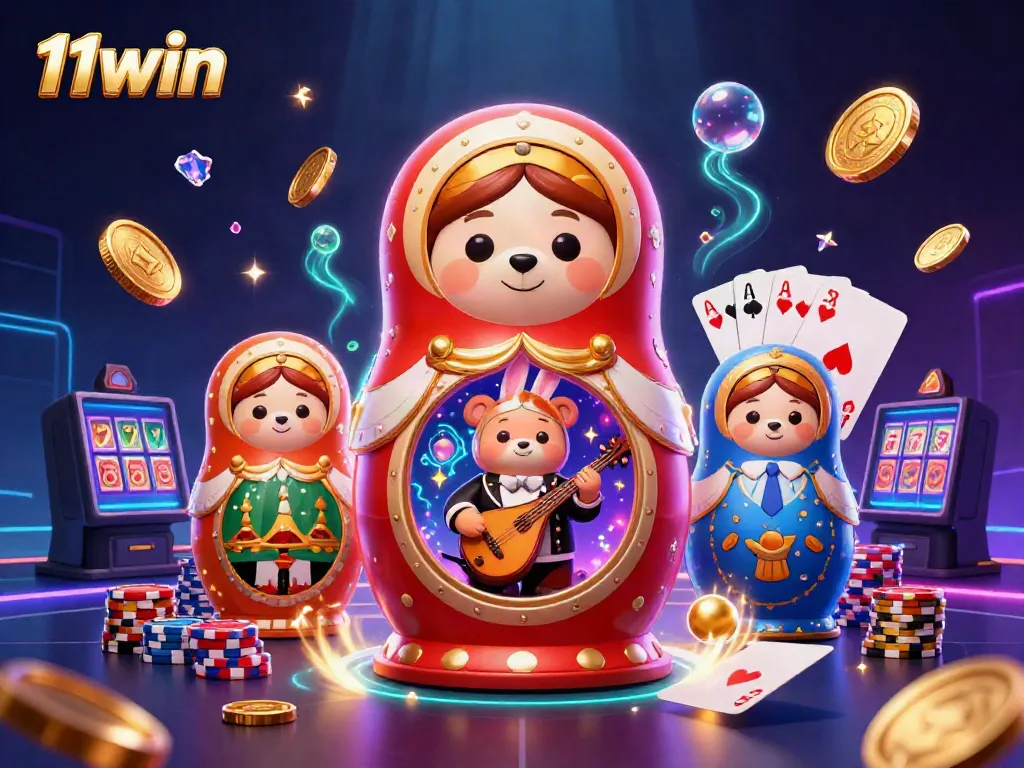 Experience 11win's vibrant casino atmosphere with a colorful scene of bear dealers and abundant winnings.