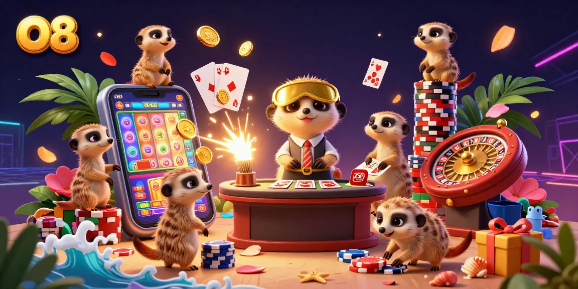 Engage in thrilling gameplay at O8 with a vibrant meerkat casino scene featuring fun games and colorful animations.