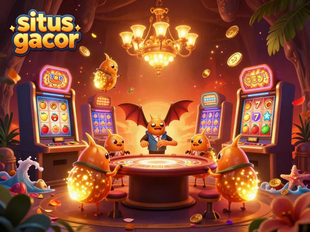 Menyaksikan situs gacor, tim karakter cacing bercahaya beraksi di kasino gua dengan mesin slot berputar dan simbol buah.