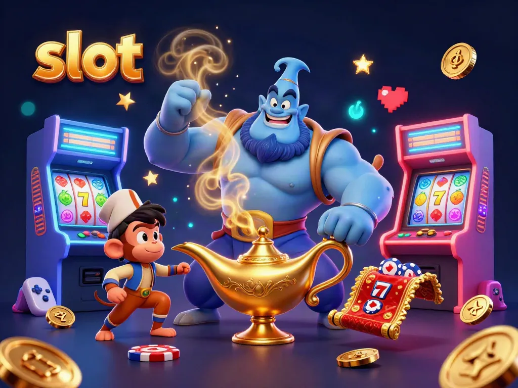 Explore thrilling slot adventures with colorful characters and vibrant casino elements in this dynamic illustration.