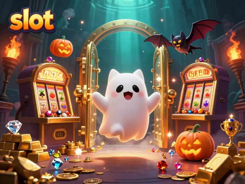 Engage with thrilling slot gaming in a vibrant haunted casino scene featuring a ghost cat and floating treasures.