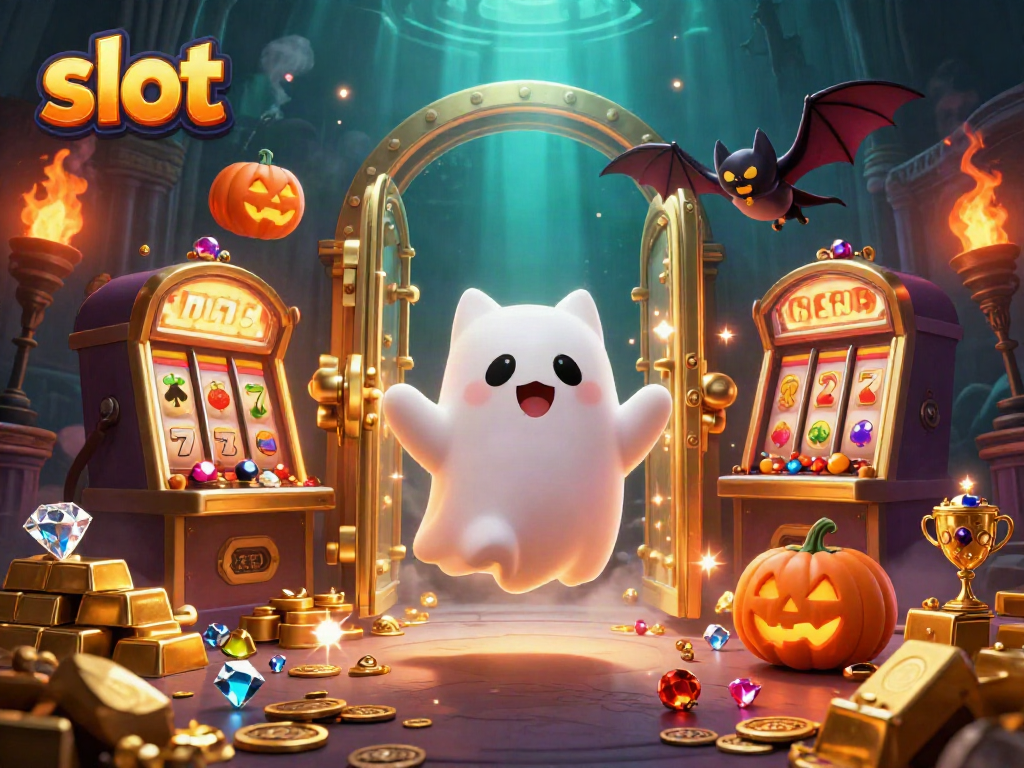 Engage with thrilling slot gaming in a vibrant haunted casino scene featuring a ghost cat and floating treasures.