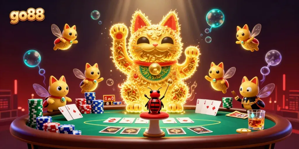 Engage with go88's dynamic casino scene showcasing vibrant symbols and a lucky cat.
