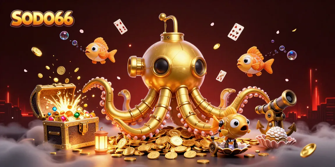SODO66 showcases an exciting underwater gambling adventure with a golden kraken and mechanized fish amidst a treasure-filled scene.