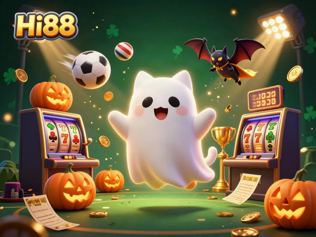 Experience the vibrant gaming atmosphere of Hi88 with a ghostly cat and a vampire bat in a lively casino scene.
