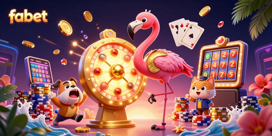 Engaging fabet illustration with a flamingo host, bulldog, and cat, showcasing vibrant casino elements.