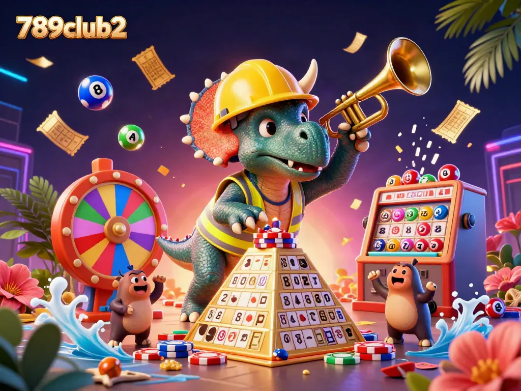 Engage in epic fun with 789club2 featuring a triceratops and lottery elements in a vibrant casino scene.