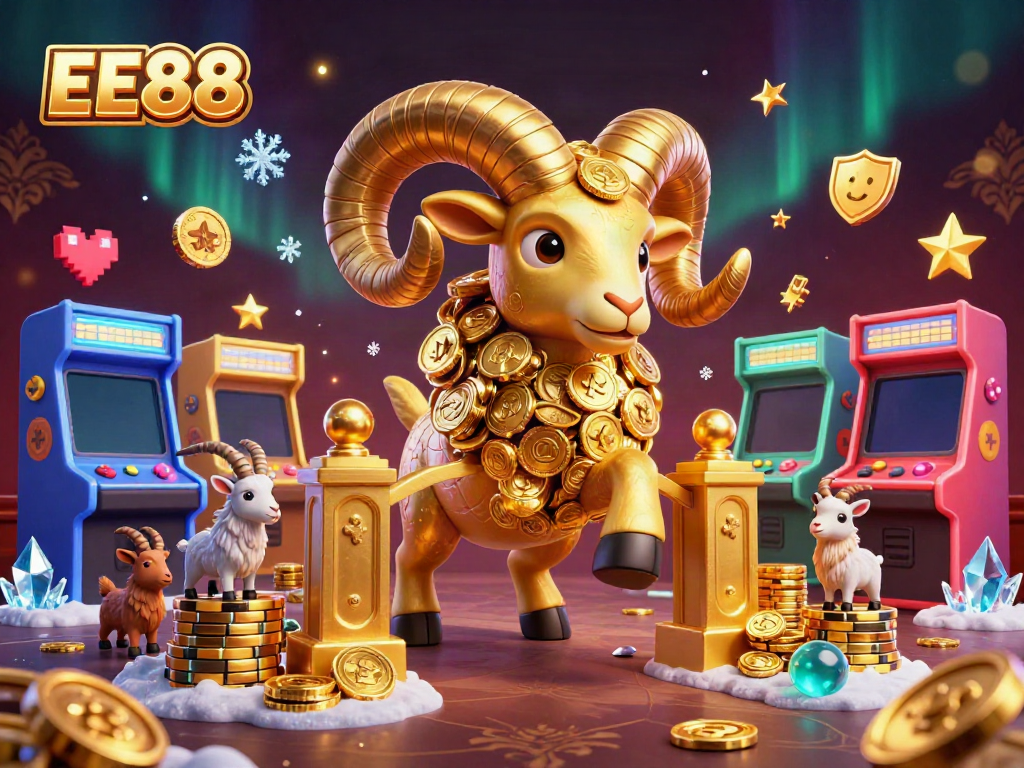 Engage in thrilling games with EE88, featuring a dynamic golden ram and vibrant casino elements.