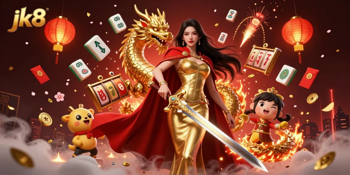 Engaging JK8 gaming scene featuring slot reels, a warrior queen, and a dragon.