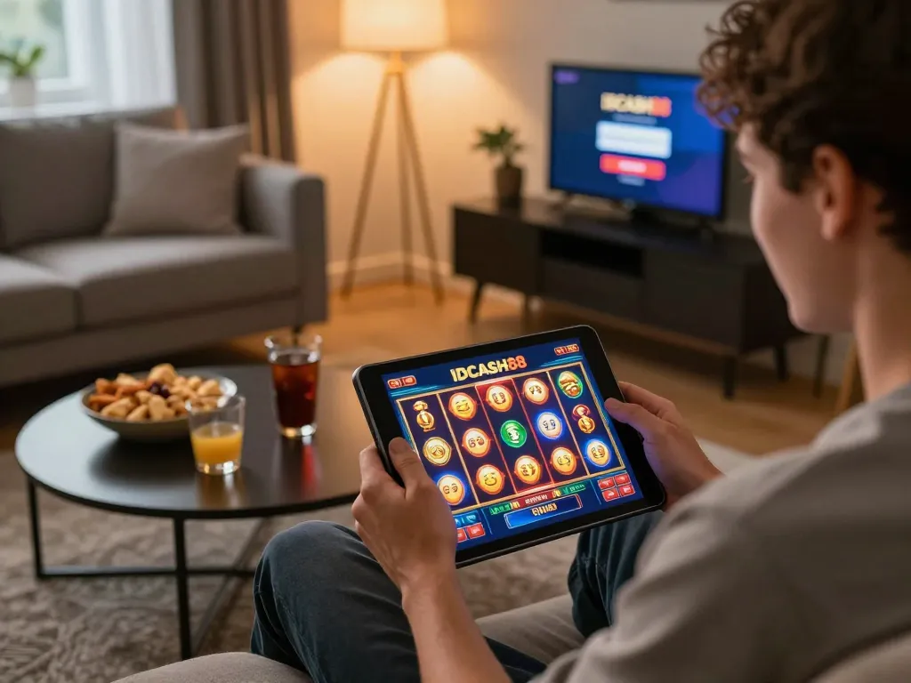 Player engaging in thrilling gameplay with IDCASH88 Login on tablet in cozy home setup