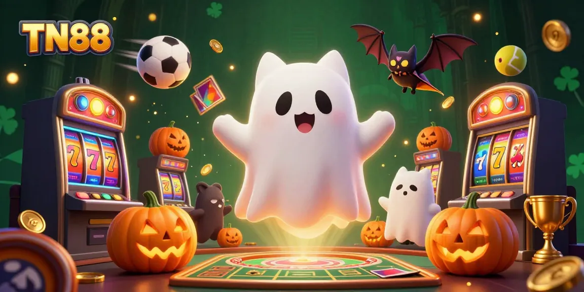 Experience thrills with TN88 in a vibrant haunted casino filled with playful characters and gaming elements.