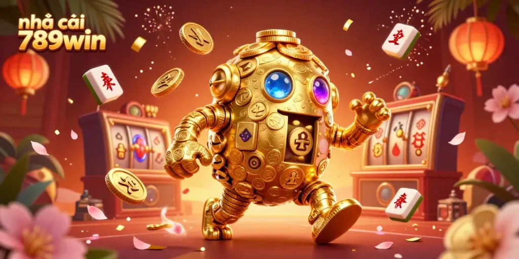 Experience thrilling gaming at nhà cái 789win with vibrant scenes featuring a golden coin golem and dynamic casino elements.