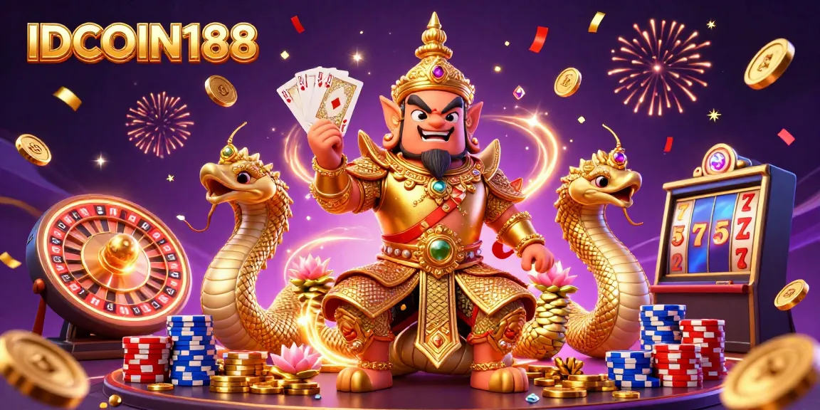 Experience thrilling gameplay with IDCOIN188 as golden coins and poker chips cascade around friendly temple guardian characters.