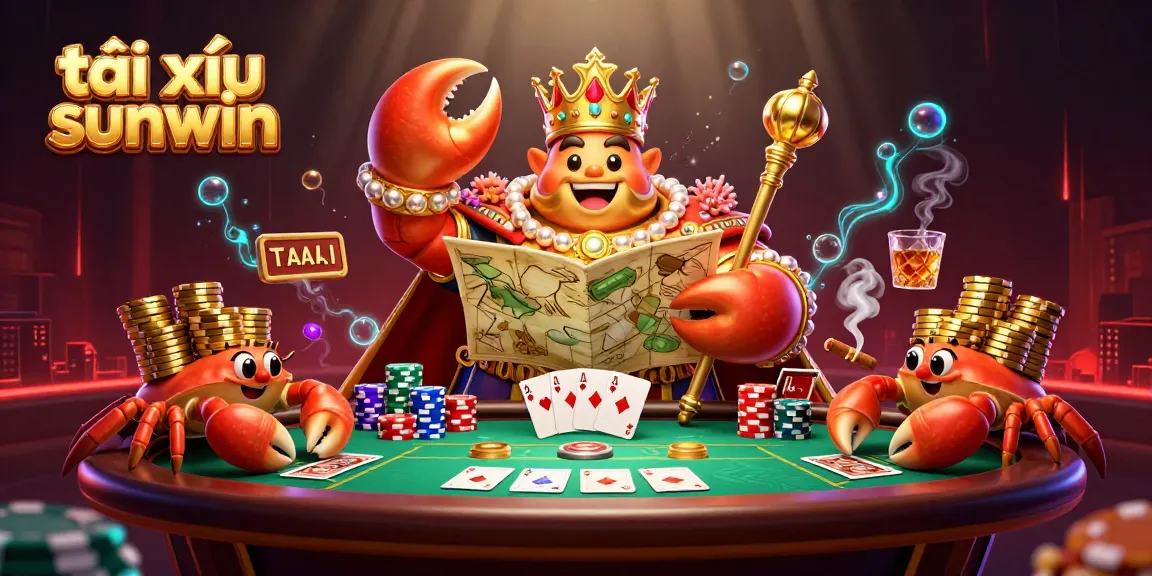 Engaging scene of tài xỉu sunwin featuring a golden crab emperor amidst vibrant casino elements and playful details.