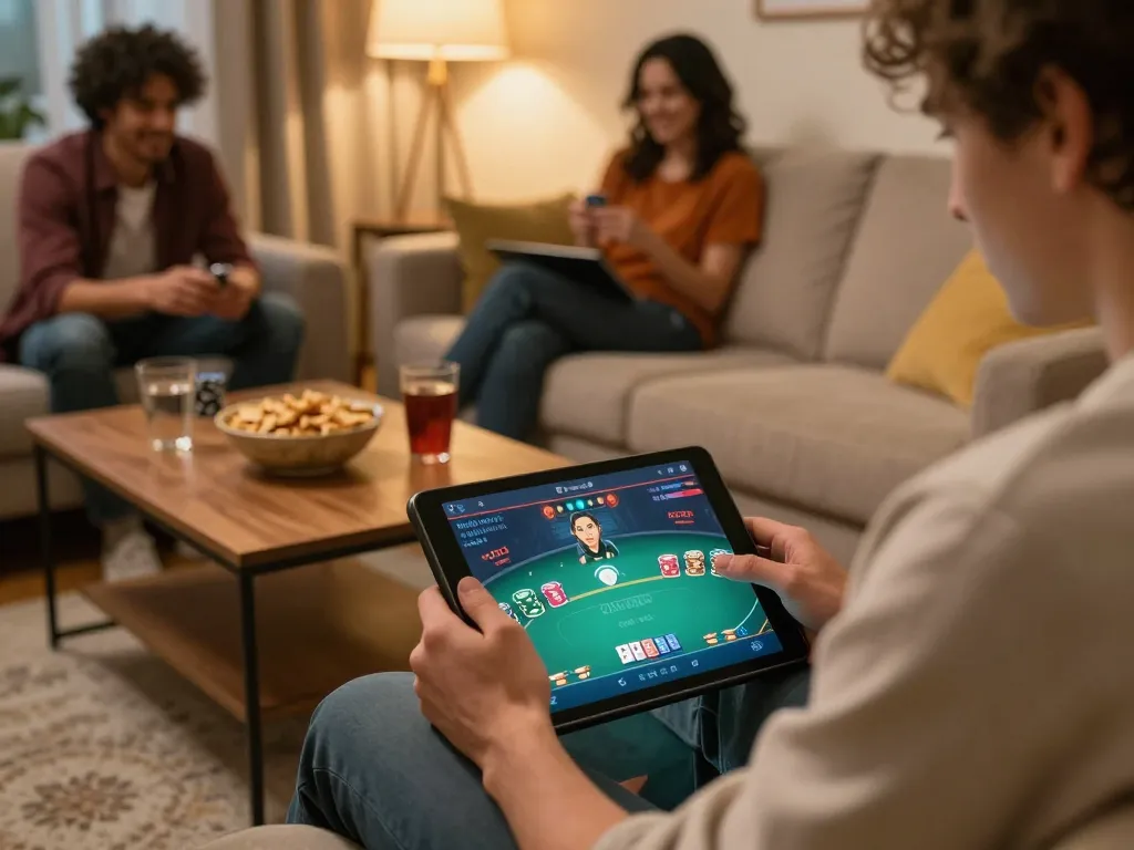 Engaged player at home using sun win app for online poker, enjoying snacks in a cozy setting.