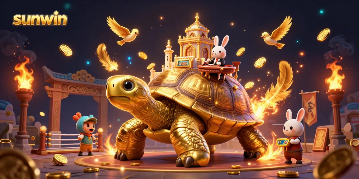 Experience the excitement of sunwin with a vibrant casino scene featuring a unique golden tortoise and rabbit dealer.