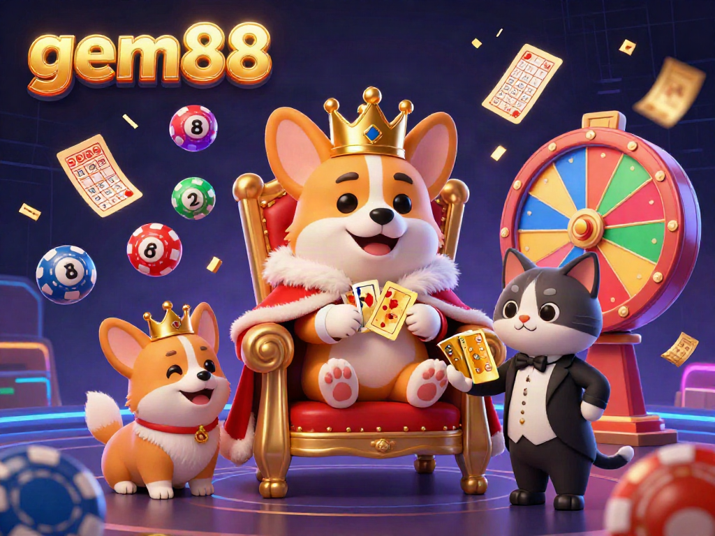 Experience the excitement at gem88 with vibrant lottery balls, sparkling confetti, and a royal corgi throne in a captivating digital illustration.