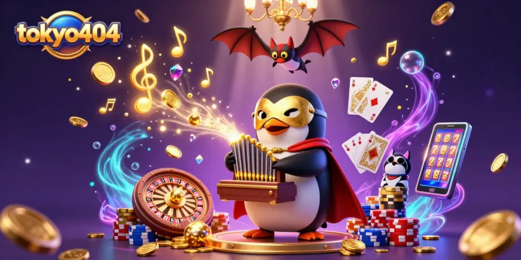 Experience tokyo404 excitement with a phantom penguin playing an organ of gold coins.