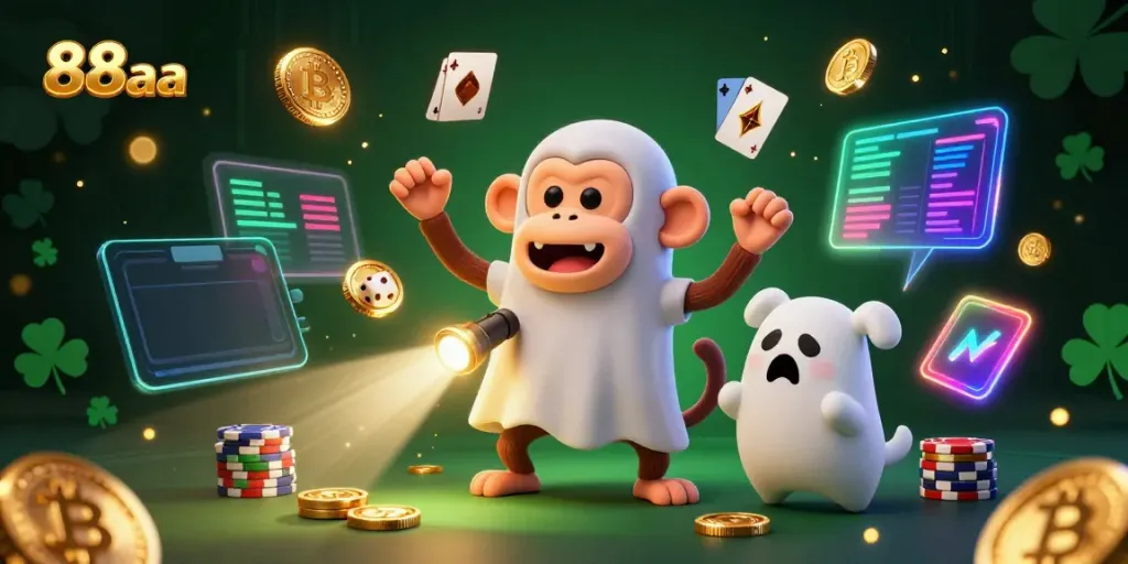 88aa featuring a playful poltergeist monkey and ghost-hunter puppy in a vibrant, haunted casino scene.