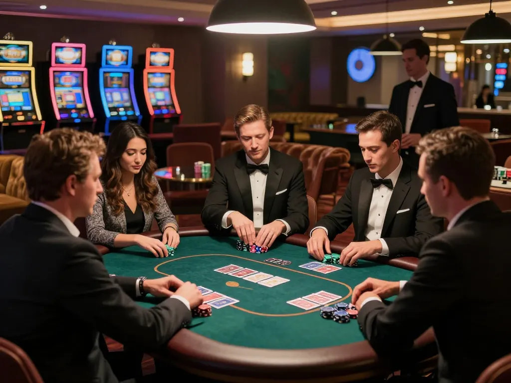 Players engaging in intense gameplay at SC88 poker table, showcasing strategy and excitement in a luxurious casino atmosphere