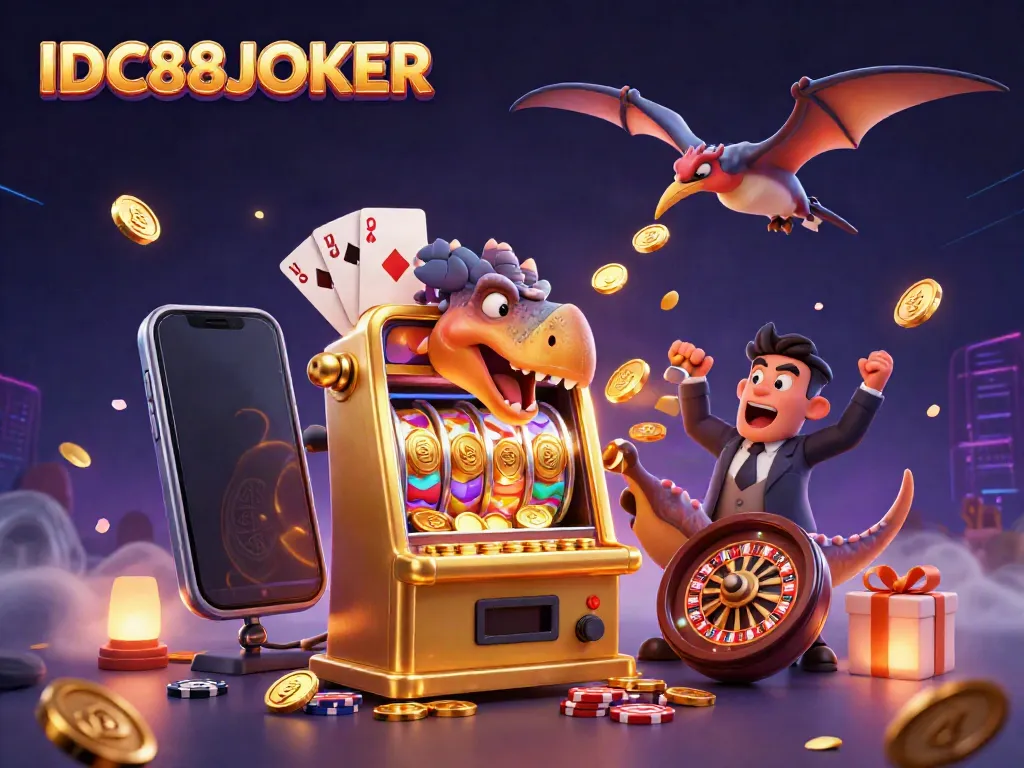 IDC88JOKER features a dinosaur winning a jackpot while a panicked manager waves in excitement.