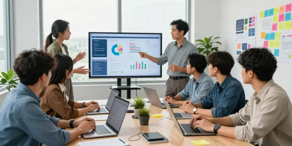 Marketing team analyzing rokok88 performance metrics in a vibrant office setting