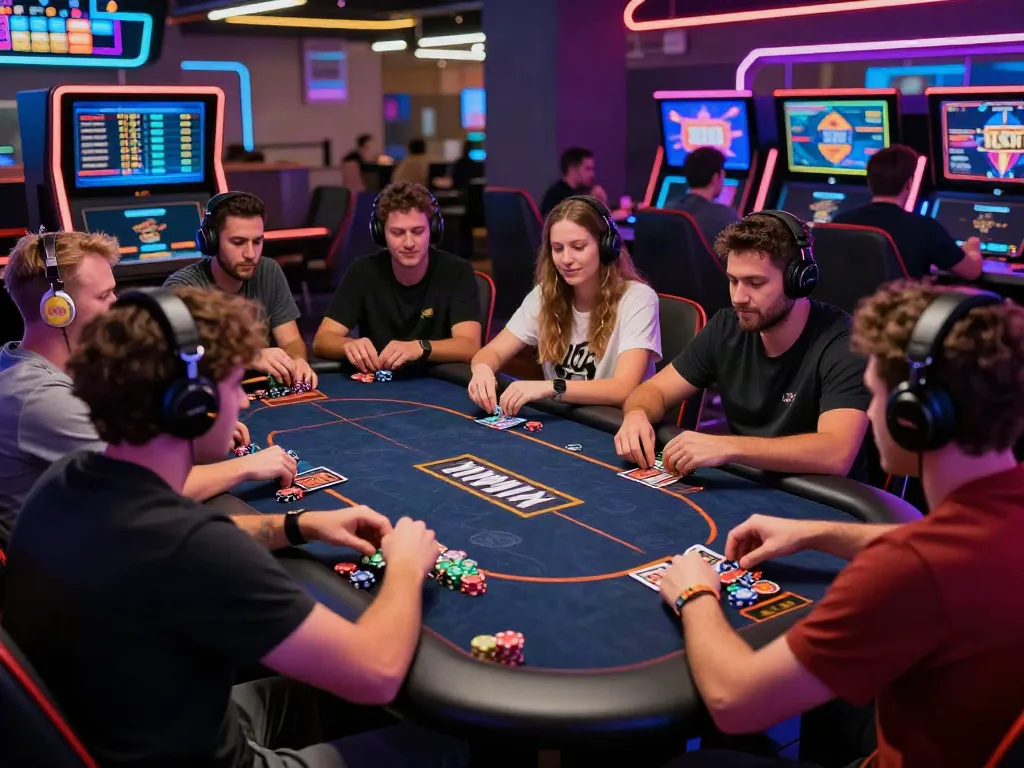 Players at https://hitclub3.io/ gaming table enjoying a vibrant atmosphere with neon lighting and action.