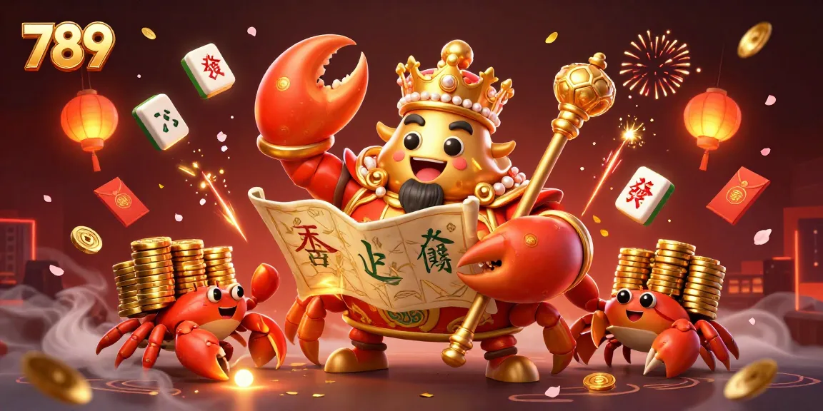 Engage with the dynamic 789 casino scene featuring a golden crab emperor amidst festive elements, capturing the thrill of gaming.