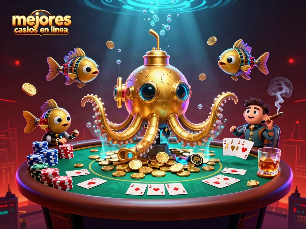 Los mejores casinos en línea brillando con una ilustración 3D de un kraken y una mesa de póker.