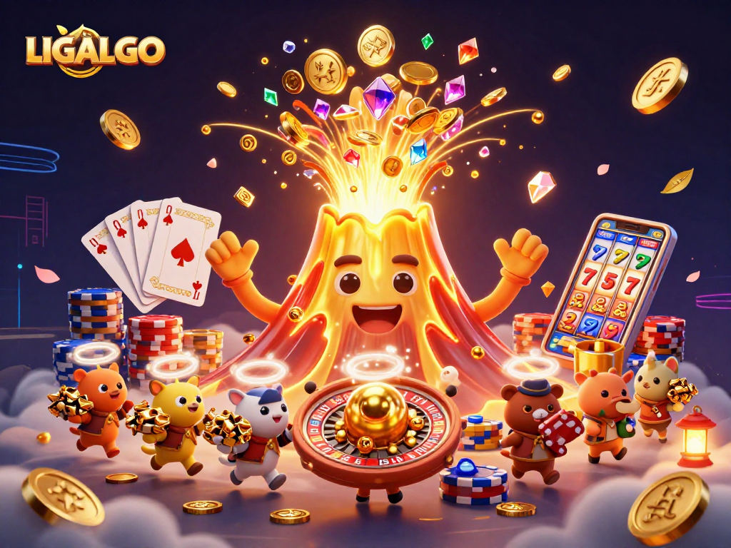 LIGALGO offers an exhilarating casino experience featuring dynamic elements like a golden volcano, treasure, and a vibrant array of gaming symbols.
