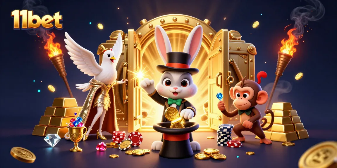 Experience lucrative wins with 11bet in this vibrant casino scene featuring magical characters.
